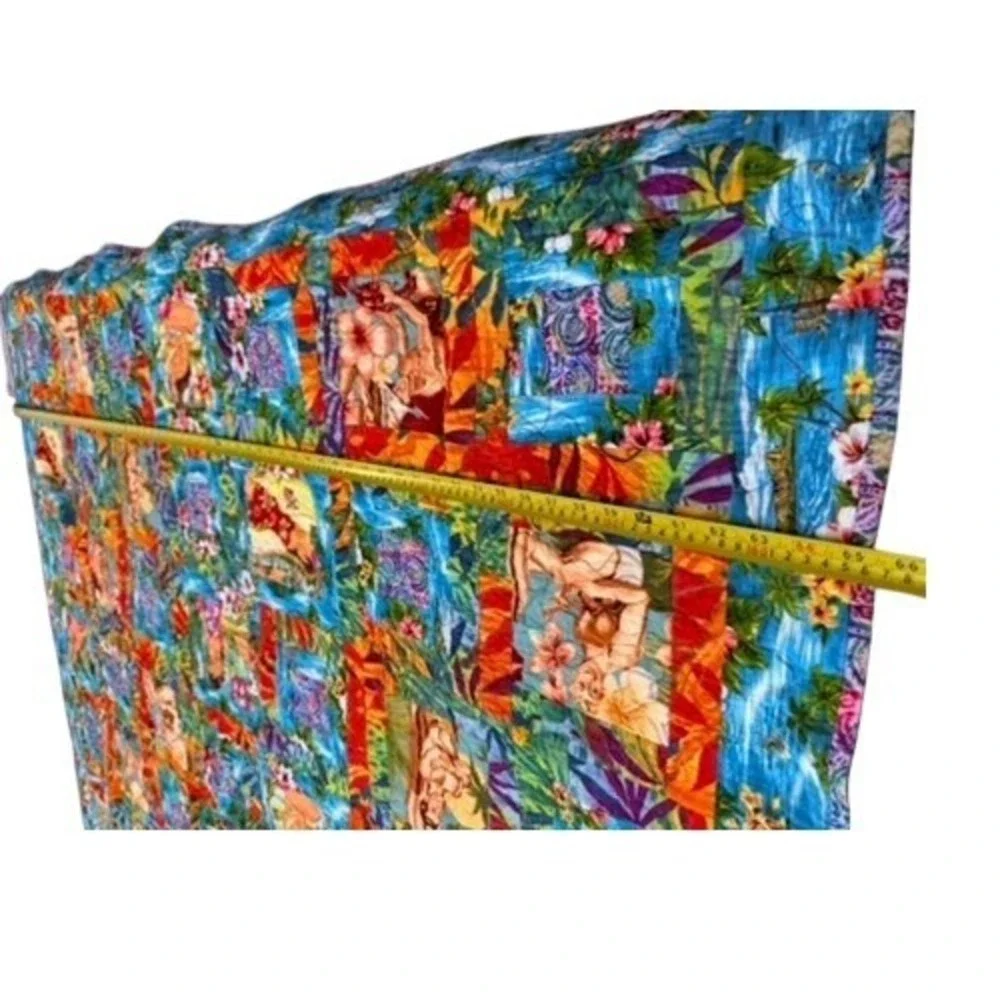 Hawaiian Tropical Hula Girl Surf Patchwork Quilt Multicolor 66x66 Square Bedding